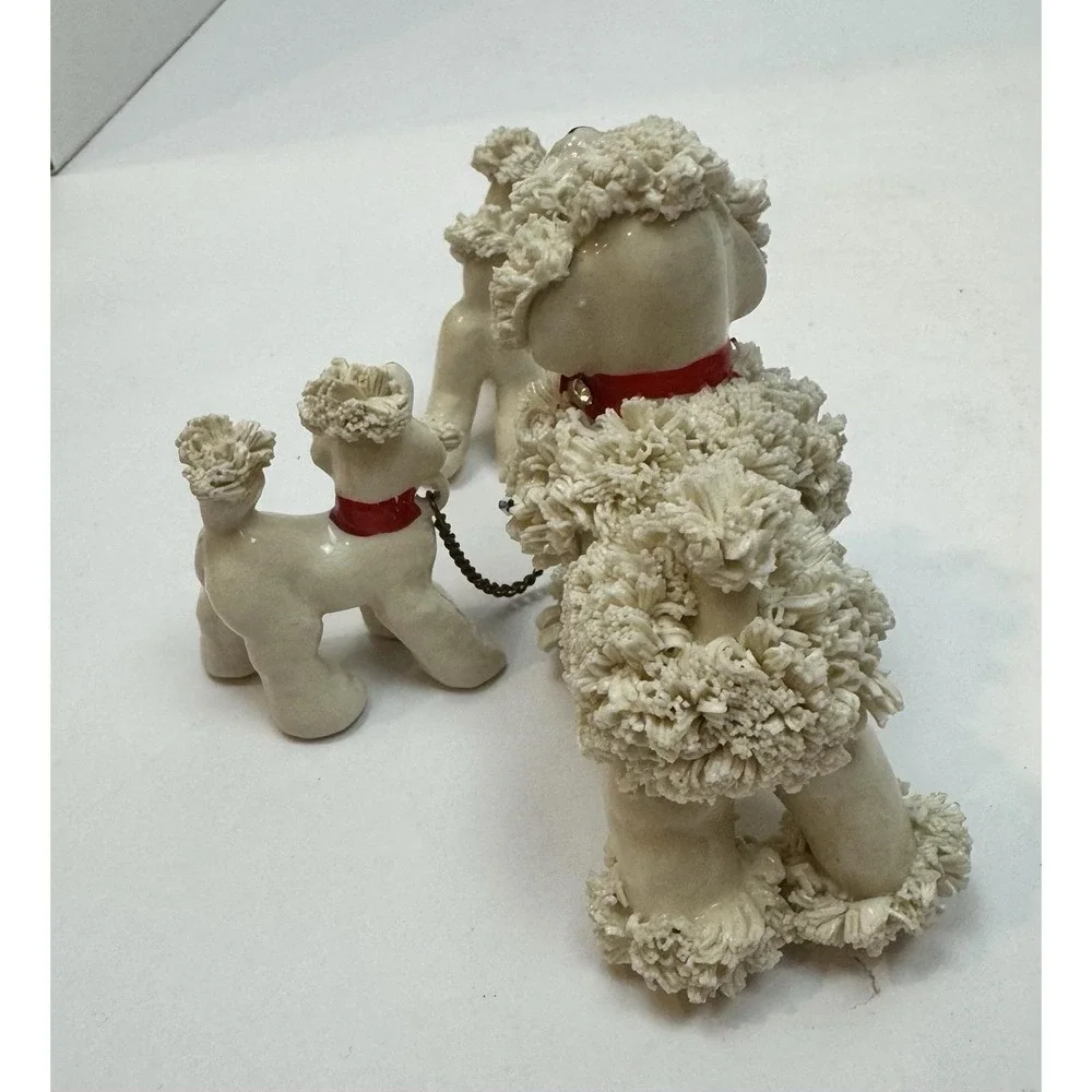 Vintage MCM Saghetti Poodle Dog Family Figurine Set with Chain Leash, Japan‎